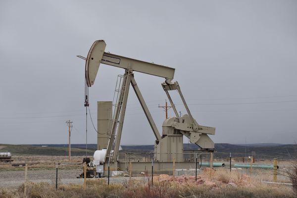 An oil pumpjack works a flat oil field under a gray sky.