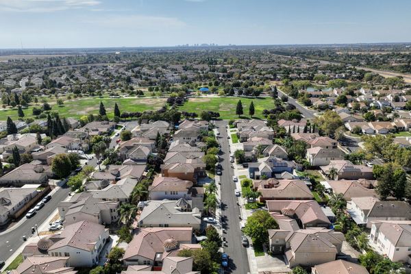 Aerial view of a suburban neighborhood of single-family homes