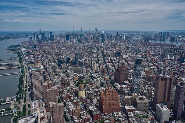 Aerial view over Manhattan toward downtown